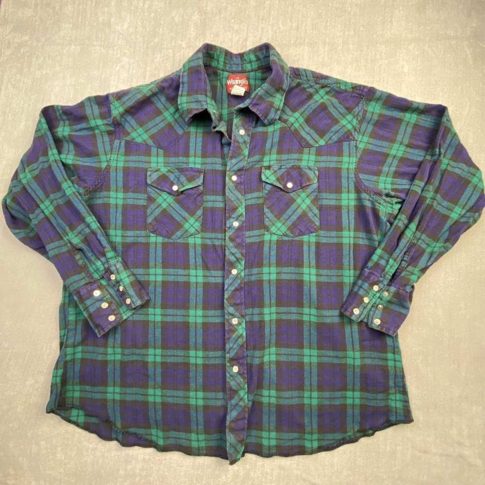 Wrangler Mens XXL Western Pearl Snap Plaid Flannel Shirt Green Blue Cotton 75098